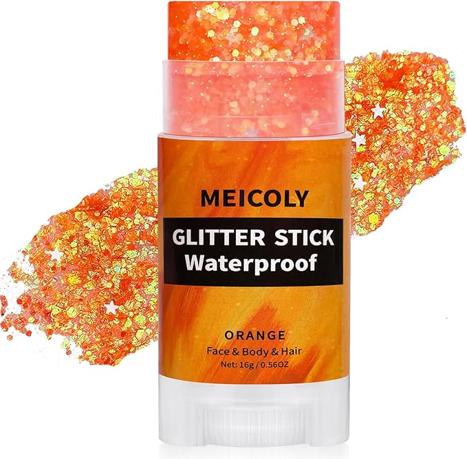 MEICOLY Orange Face Body Glitter Stick,Hair Glitter Stick for Women,Sparkle Chunky Glitter Makeup,Waterproof Face Glitter for Party Rave Festival