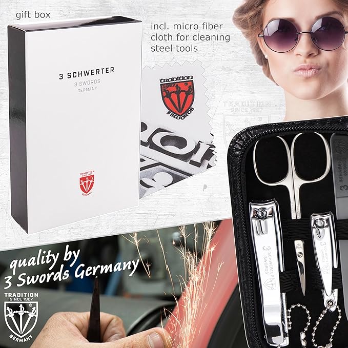 3 Swords Germany - brand quality 8 piece manicure pedicure grooming kit set synthetic leather case black - Made in Germany