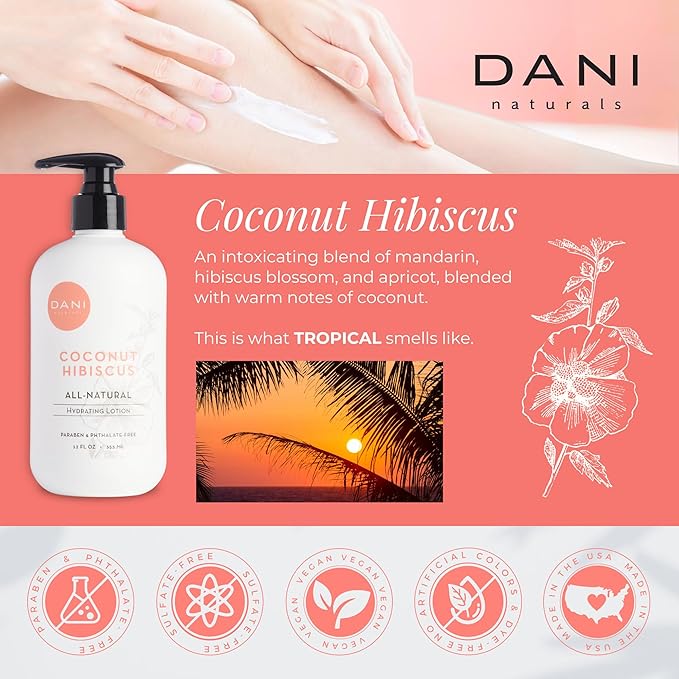 DANI Naturals Hand & Body Lotion - Coconut Hibiscus Scented, Moisturizing & Nourishing Lotion for Dry Skin, Deep Hydration with Natural & Organic Ingredients, Paraben-Free, Vegan & Cruelty-Free, 12 Oz