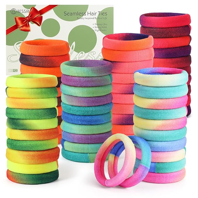 Bessrung 100 PCS Seamless Hair Ties, No Damage Elastics Hair Ties for Women Girls, Strong Hold No Slip Hair Bands, Soft Stretchy Ponytail Holders for Thin Thick Hair (Rainbow Color)