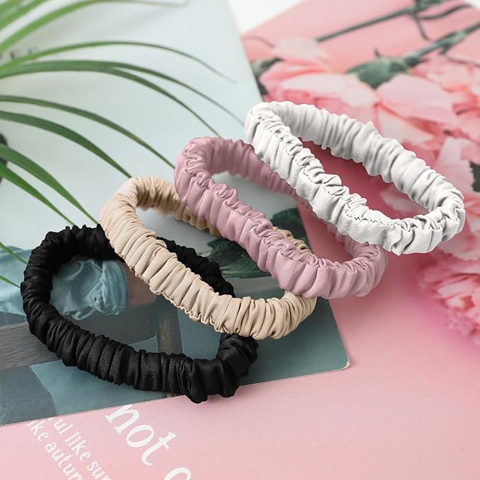8Pcs 100% Mulberry Silk Scrunchies Hair Care, Skinny Hair Ties Elastic, 22 Momme Mulberry Silk Hair Ties Scrunchies Set Women Curly Thin Hair