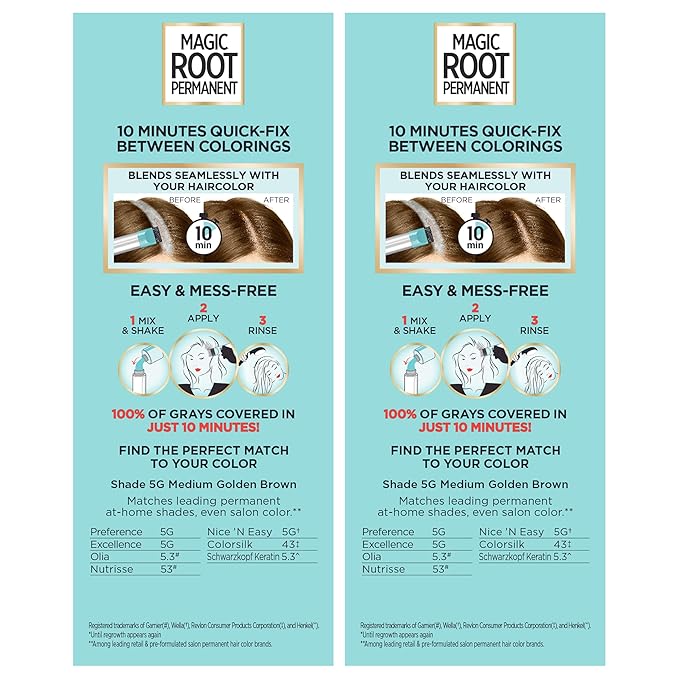 L’Oréal Paris Magic Root Permanent Hair Color, 10 Minute Hair Dye Kit to Rescue Roots with 100% Gray Hair Coverage, 5G Medium Golden Brown, 2 Pack (Packaging May Vary)