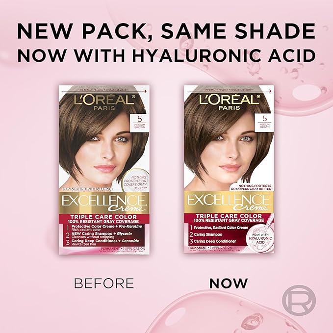 L'Oreal Paris Excellence Crème Permanent Hair Dye, Triple Care Hair Color with Pro-Keratine Complex for 100% Gray Hair Coverage, 5 Medium Brown, 1 Kit (Pack of 2)