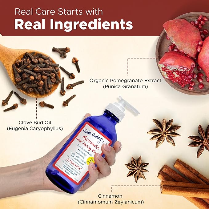 Natural Oil Pulling for Teeth and Gums | Cinnamon Flavored Oral Rinse Mouthwash for Bad Breath | Organic Essential Oil for Teeth Whitening & Gum Health, Cobalt Glass Bottle with Refill Pouch-16 FL Oz