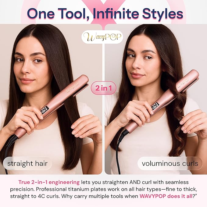 2 in 1 Professional Dual-Voltage Titanium Flat Iron Hair Straightener | up to 480°F | 10s Heat-Up | Straightening Iron & Hair Curling Wand 1.25" with Ceramic MCH Fast Heat, Auto Shut Off