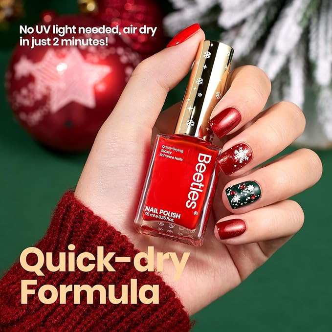Beetles Christmas Nail Polish, 6 Colors Quick Dry Nail Polish Glossy Glitter 7.5ml /0.25 Fl Oz Red Green Gold Silver for Christmas Nail Art Manicure DIY at Home Gifts for Women