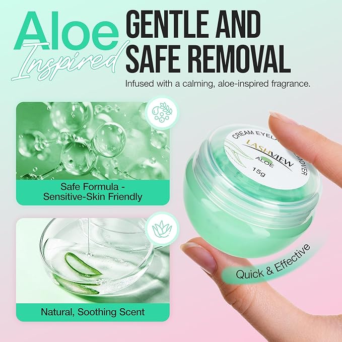 LASHVIEW Eyelash Extension Remover Cream Gentle Aloe Vera Formula, Lash Removal Kit with Eye Patches & Cotton Swabs(15g)