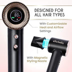 ELLA BELLA® Compact Plasma Hair Dryer, Advanced Plasma Technology Blow Dryer with Digital Display, Rapid Drying, Low Noise, & Luxury Velvet Travel Bag - Includes Diffuser & Nozzle- for All Hair Types