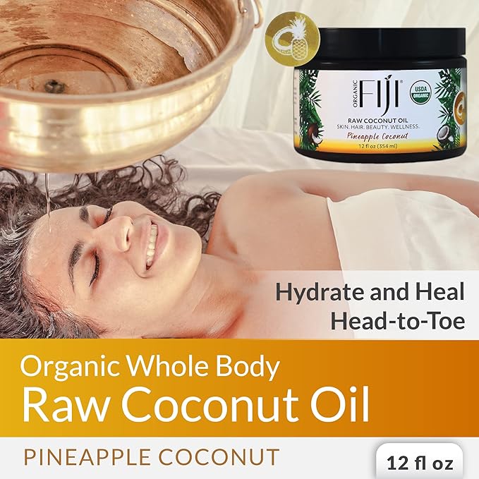Organic Fiji Raw Cold Pressed Coconut Oil for Hair, Skin, Face & Body | Relaxing Massage Oil | Pineapple Coconut,12 oz for Women Men & Baby