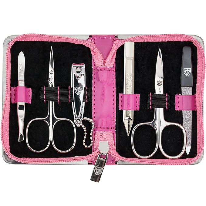 3 Swords Germany - brand quality 6 piece manicure pedicure kit set for professional finger & toe nail care with synthetic leather case - Made in Germany - pink