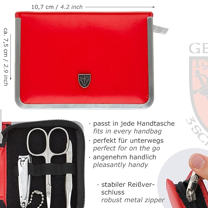 3 Swords Germany - brand quality 6 piece manicure pedicure kit set for professional finger & toe nail care with synthetic leather case - Made in Germany - red