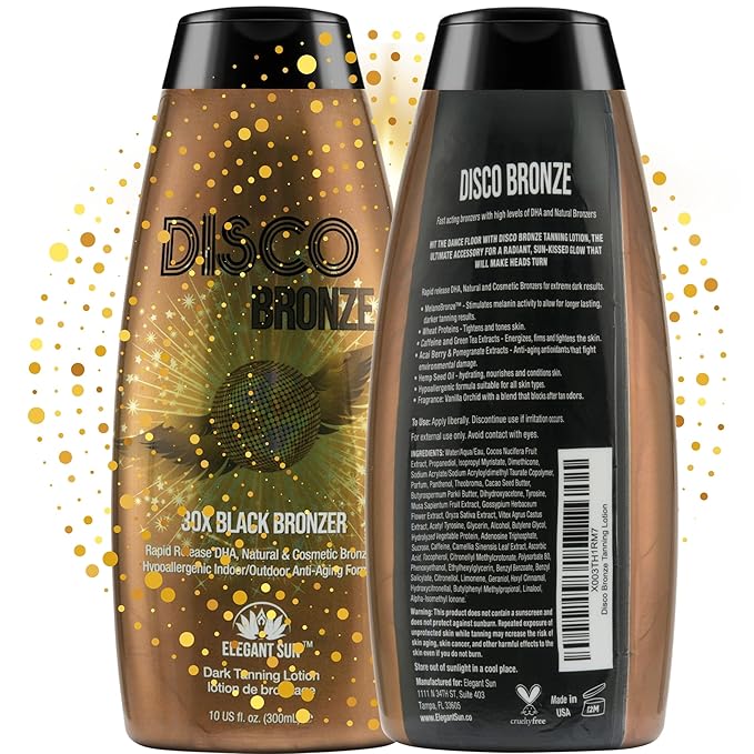 Disco Bronze Tanning Lotion with Bronzer – Bronzing Accelerator 30X DHA Indoor/Outdoor Tanning Bed Lotion for Men & Women, DHA Self Tanner, Skin Firming Ingredients, Hypoallergenic, Get Dark Fast