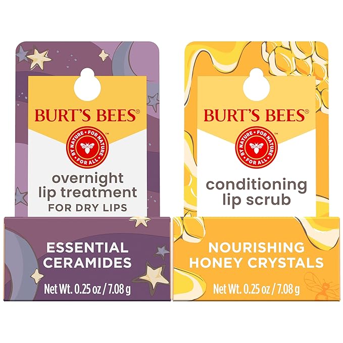 Burt’s Bees Conditioning Lip Scrub and Overnight Intensive Lip Treatment, With Ceramides, College Back to School Dorm Essentials, Exfoliates and Hydrates Lips 8 Hours, Natural Origin, 2 Jars, 0.25 oz