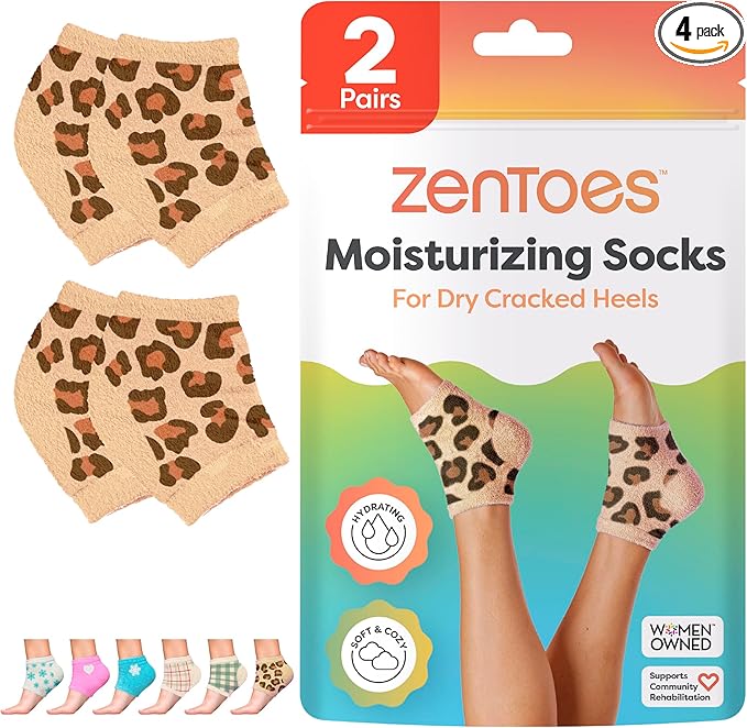 ZenToes Moisturizing Socks for Cracked Heel Treatment, Vitamin E, Olive Oil and Jojoba Oil Heel Socks, Stocking Stuffers for Women, Spa Self Care Gifts for Women (Cheetah, Regular)