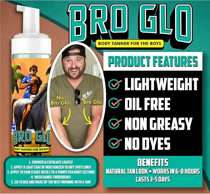 Bro Glo Self Tanner for The Boys - Quick Application Foam Mousse Easy Sunless Tan For Face and Body Oil Free Water Based Faster Skin Drying Natural Sun Kissed Bronze Color Perfect Men 6.76 FL oz