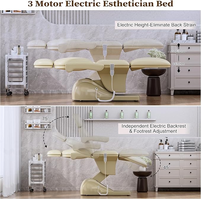 3 Motor Electric Esthetician Bed, Fully Electric Facial Chair with Adjustable Height, Backrest and Footrest, Spa Chair with Armrest & Heavy Duty Base, PU Leather for Spa, Tattoo, Eyelash and So On