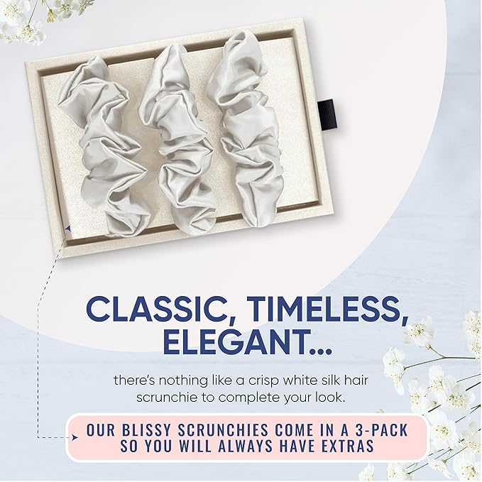 Blissy Silk Scrunchies (3 Pack) - 100% Pure Mulberry Silk - 22 Momme 6A High-Grade Fibers Scrunchie for Straight & Curly Hair - Preventing Breakage, Tangling, & Creasing (White Skinny)