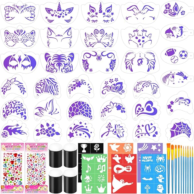 55PCS Face Paint Stencils Kit Includes 33 Reusable Facial Painting Stencils, 6 Sheets Tattoo Templates Stickers, 10 Brushes, 2 Pack Adhesive Gems, 4 Sponge for Halloween Festival Party Makeup