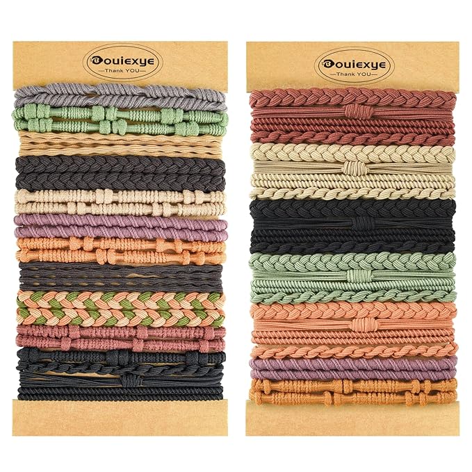 Hair Ties for Women - 48PCS Boho Hair Accessories, 6 Styles Hair Tie Bracelets, 14 Colors Non-Damaging Hair Ties for Thick Hair