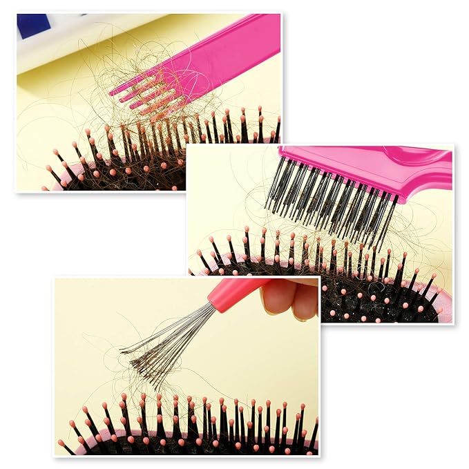 Boao 2 Pieces Hair Brush Cleaning Tool Comb Set Mini Hair Brush Dirt Remover with Metal Wire Rake for Removing Hair Dust Home and Salon Use(Pink and Pink)