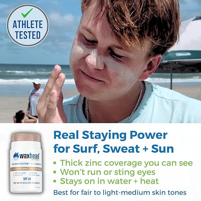 Tinted Zinc Oxide Sport Sunscreen Stick SPF 30, 3.7oz by Waxhead - 25% Non-Nano Zinc Oxide, 4 Food-Grade Ingredients, Sweat & Water Performance, Reef-Safe Mineral Face Stick for Kids & Sensitive Skin