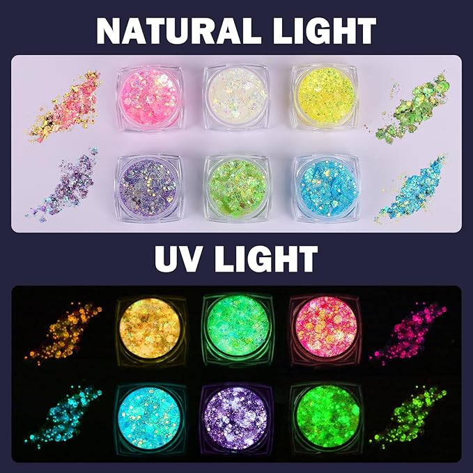 6 Colors Glow in The Dark Makeup UV Black Light Glitter Gel for Body Face Hair Eyeshadow for Raves Festivals Carnival Party