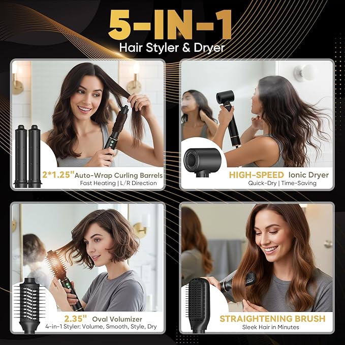 5-in-1 Hair Styler & Dryer, 110,000 RPM Ionic, Auto-Wrap Curling Barrels (L/R), Oval Volumizer & Straightening Brush, 3 Heat/3 Speed, Quick-Lock