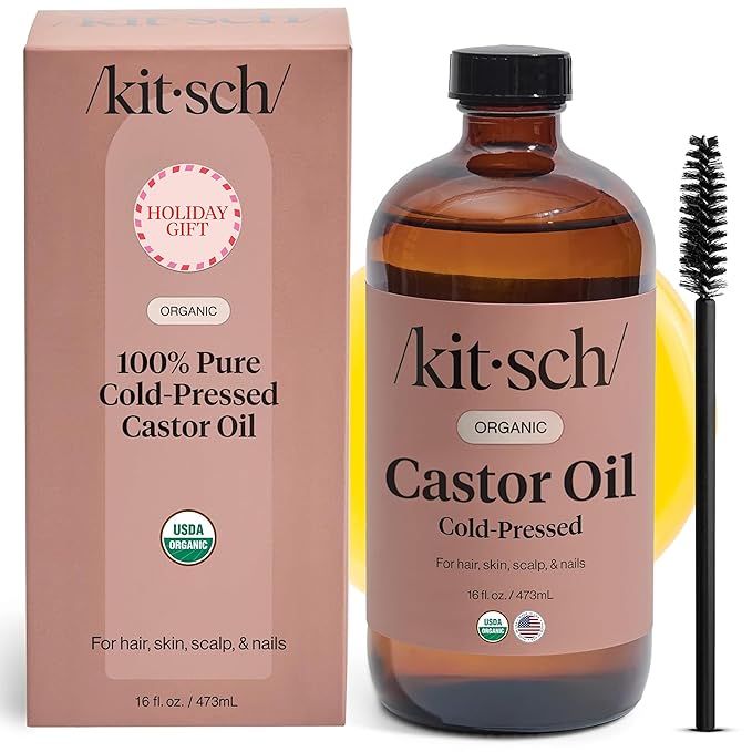 Kitsch Organic Castor Oil for Hair Growth - 100% Pure Castor Oil, Organic Cold Pressed Unrefined Glass Bottle for Face, Skin, Lashes, Brows, Scalp, Nails & Belly Button | Ideal Gifts for Women- 16 oz