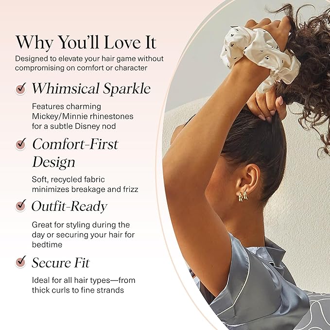 Kitsch & Mickey/Minnie Fabric Rhinestone Scrunchies for Girls and Women, Hair Scrunchies for All Hair Types, Perfect for Updo | Ideal Gifts for Women (Cream) - 1 Piece