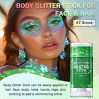 Green Body Glitter Stick, Face Body Glitter Gel Holographic Hair Glitter Halloween Chunky Sequin Waterproof Face Paint Stick Glitter Makeup for Women