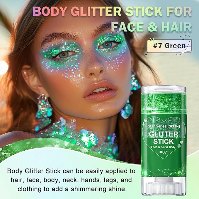 Green Body Glitter Stick, Face Body Glitter Gel Holographic Hair Glitter Halloween Chunky Sequin Waterproof Face Paint Stick Glitter Makeup for Women