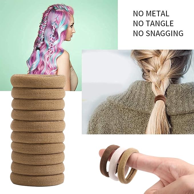 SYGY Hair Tie, 100PCS Hair Ties for Thick Thin Hair, Seamless Cotton Hair Bands, No Damage for Women, Soft Hair Accessories Ponytail Holders, Brown Color