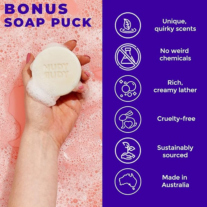 Nudy Rudy Berrylicious 2 Pack, Liquid Body Wash Bundle with Bonus Soap Bar, Aloe Vera and Vitamin E, Moisturizing Shower Gel, Body Wash and Bar Soap for Men and Women 16.9 fl oz and 4.2 oz