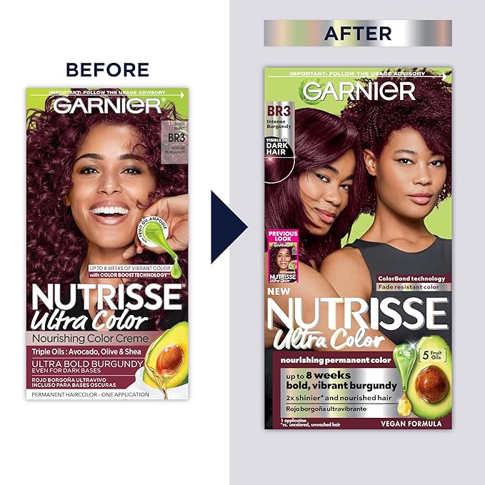 Garnier Hair Color Nutrisse Ultra Color Nourishing Creme, BR3 Intense Burgundy (Lotus Berry) Red Permanent Hair Dye, 1 Count (Packaging May Vary)
