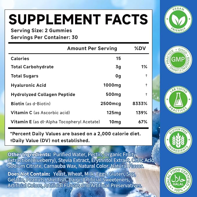 1000mg Hyaluronic Acid & Collagen Peptide Supplements with Biotin, Vitamins C & E - Hair Skin Nails Joints Health Support for Men & Women, Hair Growth, Blueberry Flavor, Gluten-Free 120 Gummies
