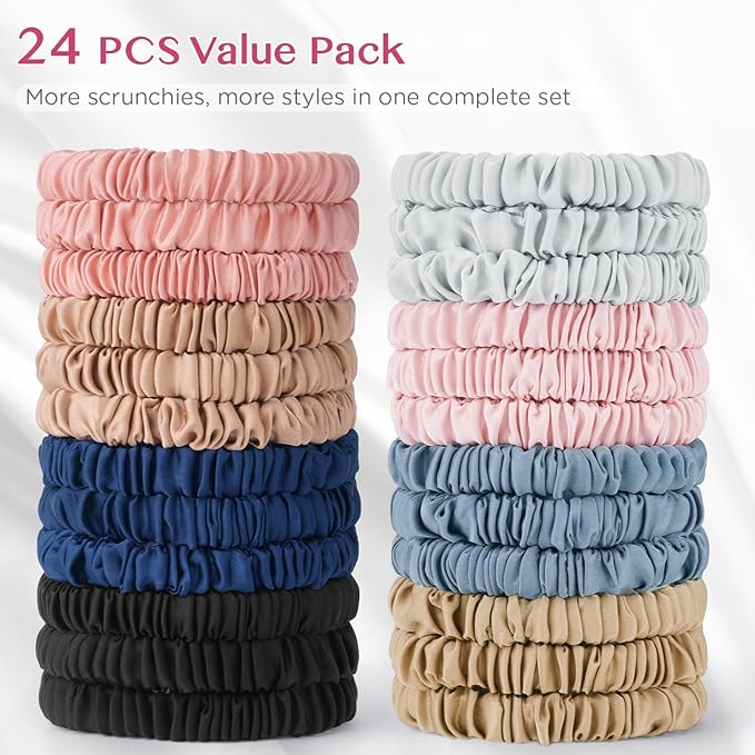 24 Pack Silky Soft Hair Ties, Silk-Like Skinny Scrunchies No Damage Elastic Ponytail Holders for Curly, Thick or Thin Hair, Women and Girls