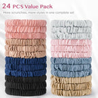 24 Pack Silky Soft Hair Ties, Silk-Like Skinny Scrunchies No Damage Elastic Ponytail Holders for Curly, Thick or Thin Hair, Women and Girls
