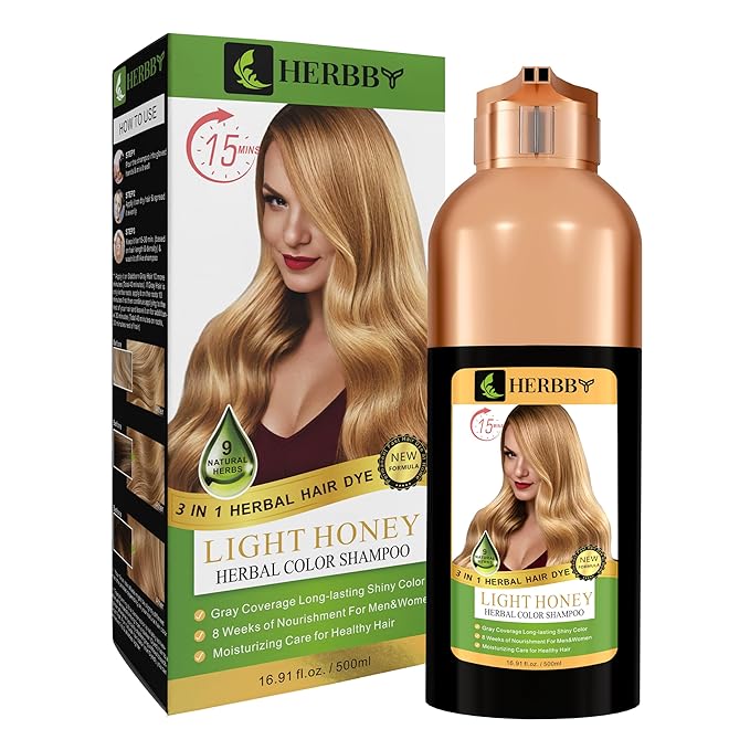 HERBBY Hair Color Shampoo for Gray Hair Coverage&Color Transform with 9 Herbal Extracts –Long Lasting(6-8 Weeks),Shiny,Evenly Colored,Instant Hair Dye Shampoo&Conditioner, 500 Ml (LIGHT HONEY COLOR)