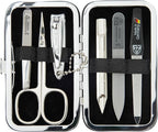 3 Swords Germany - Brand Quality 6 Piece Manicure Pedicure Grooming kit Set - Scissors, Metal and Glass Nail File, Clipper, Tweezers with Synthetic Leather case - Brown II