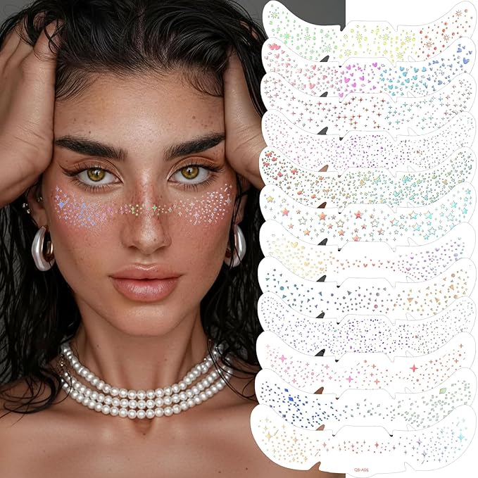Face Glitter Freckles 12 Pcs Holographic Temporary Face Tattoos Stickers Waterproof Sparkle Face Speckles Makeup Patches Cute Body Temporary Tattoo Rave Accessories for Women Music Festival Accessorie