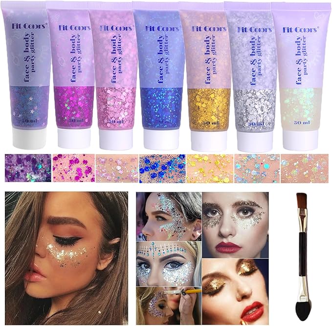 Body Glitter Face Glitter Gel: Singer Concerts Disco Festival Rave Accessories Face Glitter Makeup Chunky Sequins Mermaid Face Body Hair Glitter Gel (White&Silver&Pink&Gold&Blue&Purple&Rose)