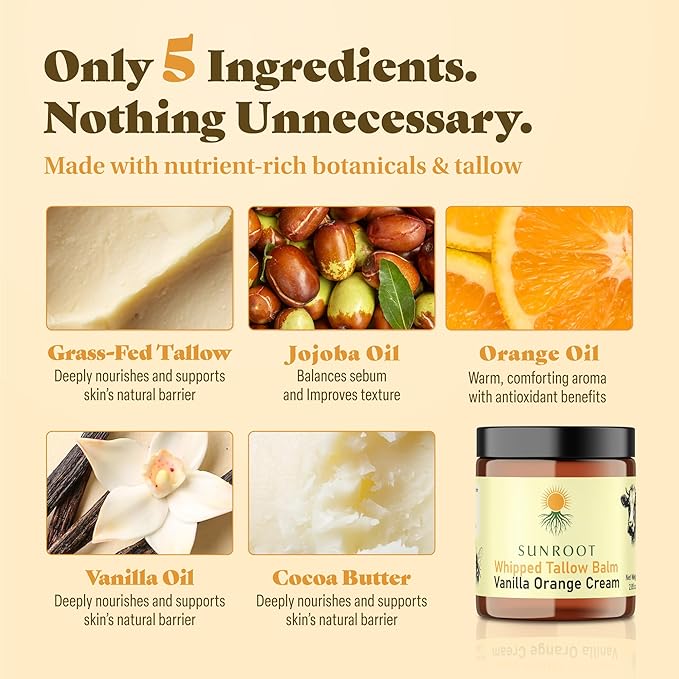 Whipped Tallow Balm, Vanilla Orange Cream Moisturizer, Natural Ingredients, Glass Jar, 2.85 oz, Face and Body Care