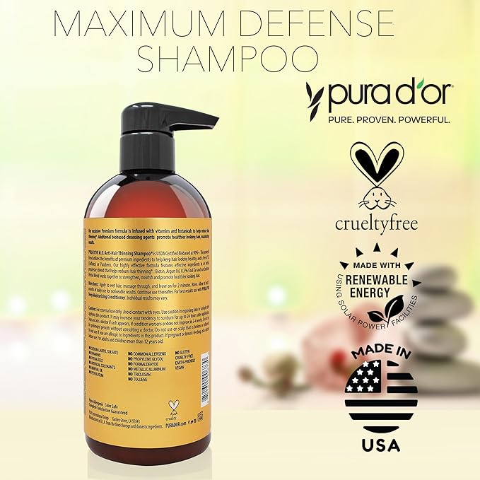 PURA D'OR 16 Oz MD Anti-Hair Thinning Maximum Defense Shampoo - 0.5% Coal Tar, Biotin, Proprietary Herbal Blend For Dry & Itchy Scalp, No Sulfates - For Men & Women