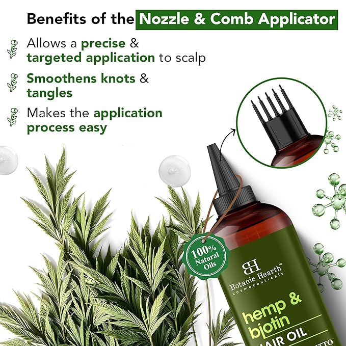 Botanic Hearth Hair Oil for Hair Growth | Strengthening Dry, Frizzy, Damaged Hair & Scalp Treatment | No Parabens or Harmful Sulfates | All Hair Types | Hemp & Biotin Hair Oil - 6.7 Fl Oz