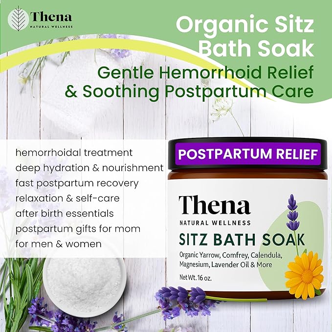 Best Organic Sitz Bath Soak Postpartum Care & Post Partum Essentials, Natural Hemorrhoid Treatment for Women & Moms with Epsom Dead Sea Salt Witch Hazel, Sitz Bath for Toilet, Thena
