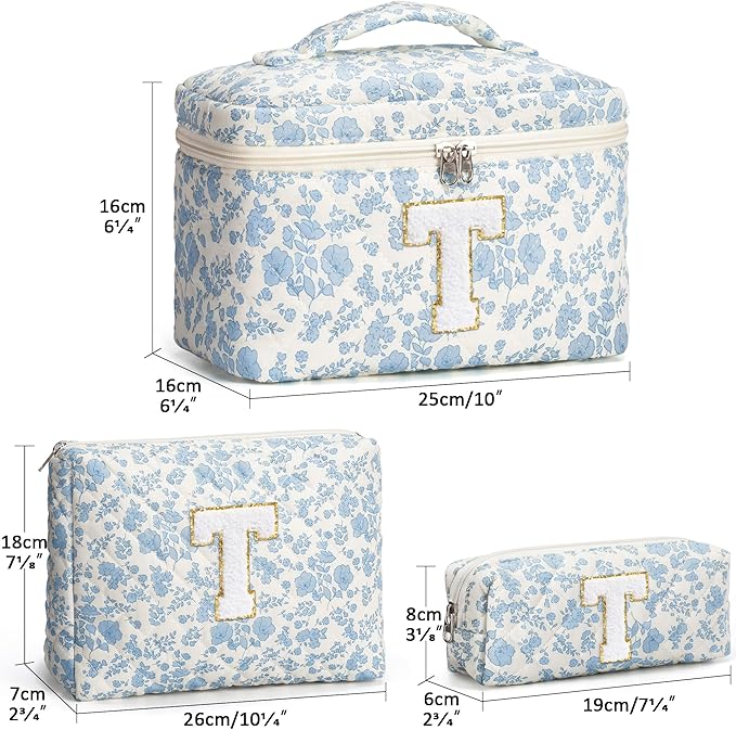 Birthday Gifts for Teen Girls Women, Personalized Initial Makeup Bag Quilted Cosmetic Bag Floral Make Up Bag Travel Toiletry Bag Teen Girl Gifts Trendy Stuff Christmas Gifts for Mom Daughter Friends