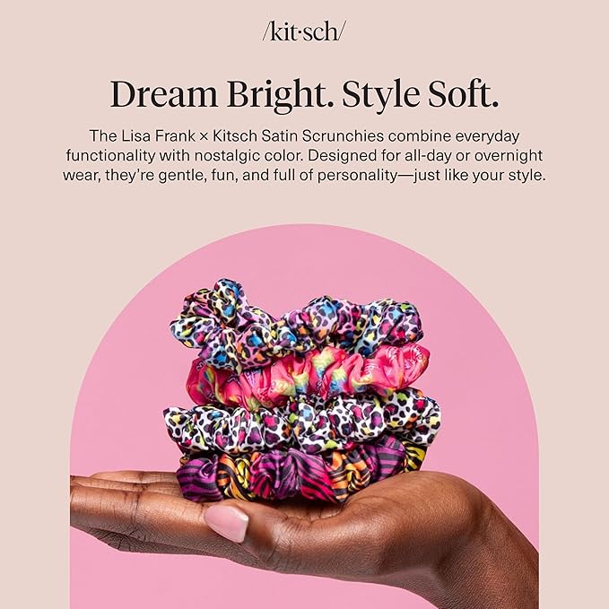 Lisa Frank x Kitsch Ruched Satin Scrunchies for Women - Softer Than Silk Scrunchies | Hair Ties No Damage for Frizz-Free Sleep | Ideal Gifts for Women - Rainbow Leopard 4 pcs