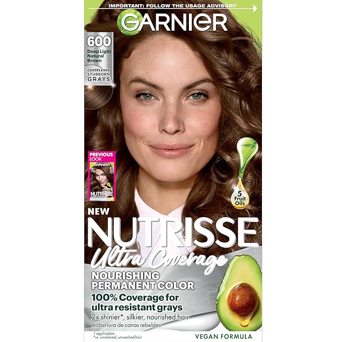 Garnier Nutrisse Ultra Coverage Hair Color, 600 Deep Light Natural Brown (Spiced Hazelnut) Permanent Hair Dye (Packaging May Vary)