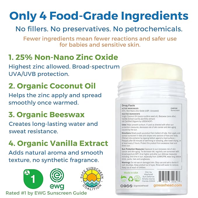 Waxhead Zinc Oxide Sunscreen Stick SPF 30, 4-Ingredient Mineral Sunscreen for Face & Body, EWG 1, Reef Safe Non-Nano, Baby & Kids Sensitive Skin, Water Resistant Sport Tattoo Sunblock, 3.7 oz