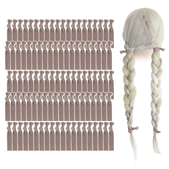 MEEDEE 100 Pack Taupe Hair Ties For Women No Crease Soft Elastic Ribbon No Damage Taupe Hair Ties Knotted Ouchless Hair Ribbon Yoga Hair Ribbons Elastic Bracelets